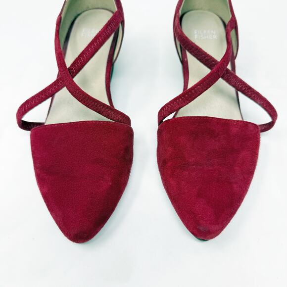 [Eileen Fisher] Red Suede Leather Poet Crisscross Straps Block Heel Pumps Sz 8.5 - Picture 8 of 11